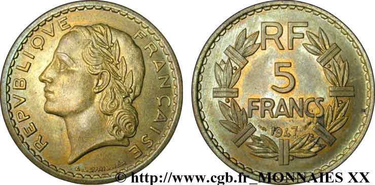 5 Francs Lavrillier en bronze-aluminium 1947 Paris F.337/9 EBC 