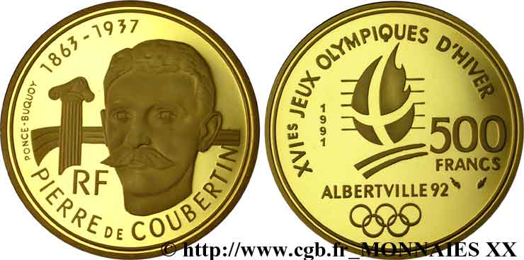 500 francs or Jeux Olympiques d hiver d Albertville, Pierre de Coubertin et le renouveau de l’olympisme n.d. Pessac F.1809 1 FDC 