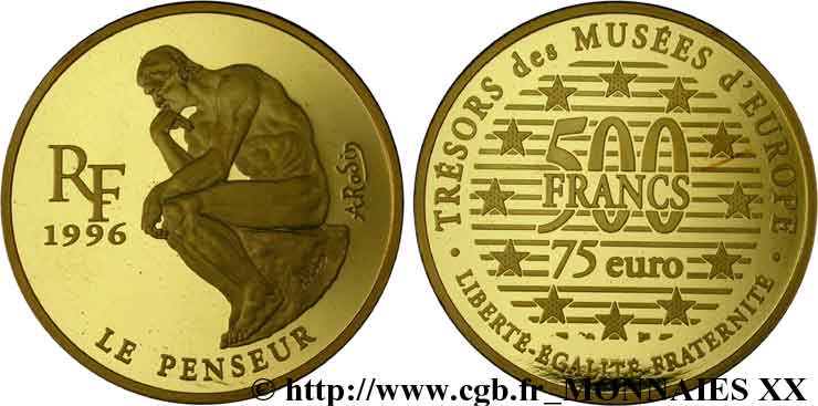 500 francs/75 euro or, le Penseur de Rodin 1996 Pessac F.2124 1 FDC 
