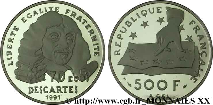 500 francs/70 écus platine Descartes 1991 Pessac F.2101 1 FDC 