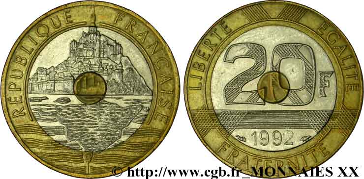 20 francs Mont Saint-Michel, 4 cannelures, V ouvert 1992 Pessac F.403/5 SUP 