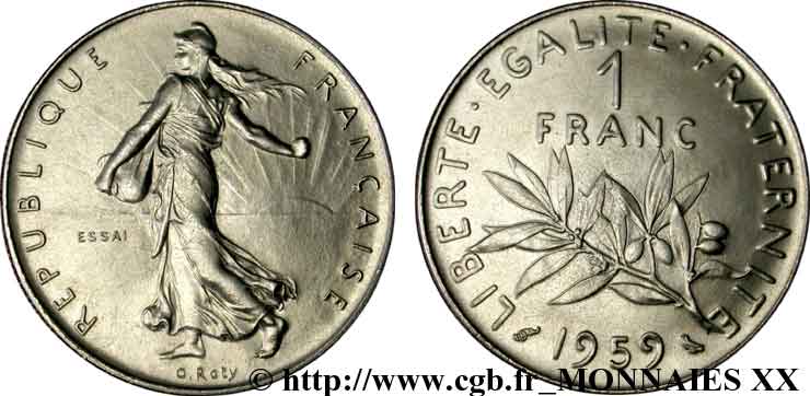Essai de 1 franc Semeuse, nickel 1959 Paris F.226/3 SPL 