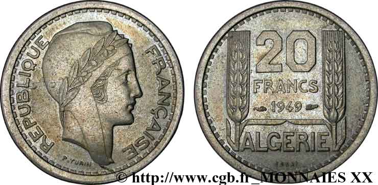 ALGÉRIE - QUATRIÈME RÉPUBLIQUE Essai - piéfort de 20 francs Turin 1949 Paris EBC 
