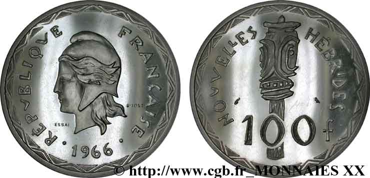 NOUVELLES-HÉBRIDES Essai 100 francs argent 1966 Paris SPL 