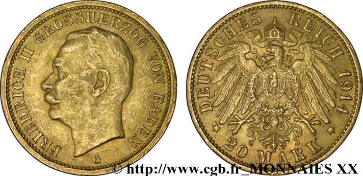 GERMANY - GRAND DUCHY OF BADEN - FREDERICK II 20 marks or 1914 Karlsruhe XF 