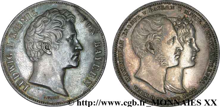 GERMANY - KINGDOM OF BAVARIA - LUDWIG I Double thaler ou 3 1/2 florins, mariage de Maximilien et de Marie 1842 Münich AU 