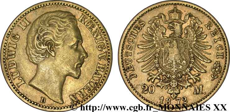 GERMANY - KINGDOM OF BAVARIA - LUDWIG II 20 marks or, 1er type 1872 Münich XF 