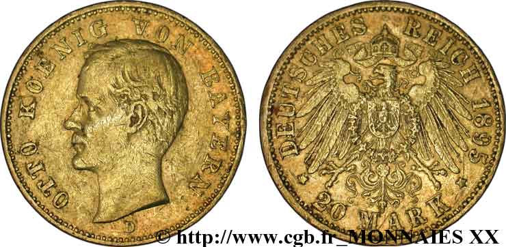 GERMANY - KINGDOM OF BAVARIA - OTTO 20 marks or 1895 Munich VF 