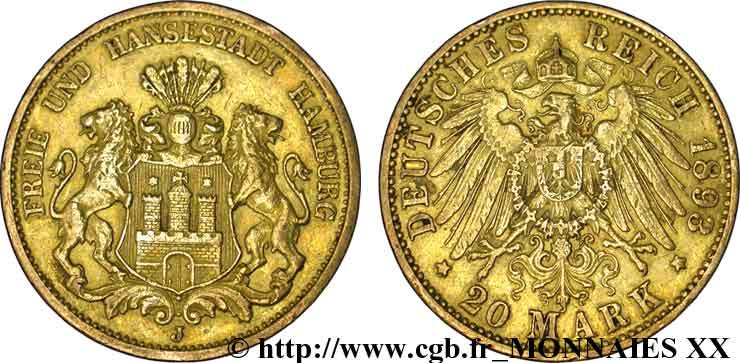 GERMANIA - LIBERA CITTA DE AMBURGO 20 marks or, 3e type 1893 Hambourg BB 