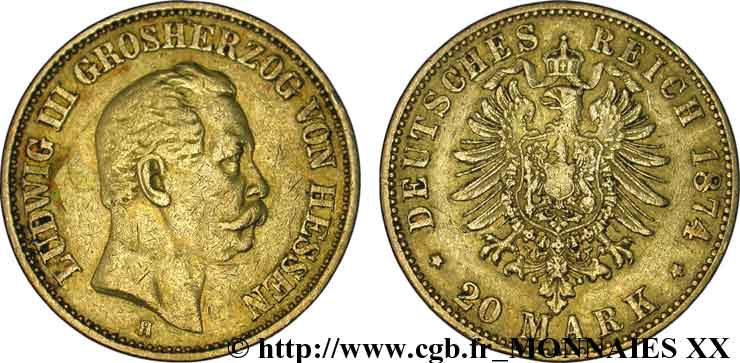 GERMANY - GRAND DUCHY OF HESSE - LOUIS III 20 marks or, 2e type 1874 Darmstadt XF 