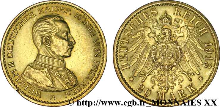 GERMANY - KINGDOM OF PRUSSIA - WILLIAM II 20 marks or, 3e type 1913 Berlin AU 