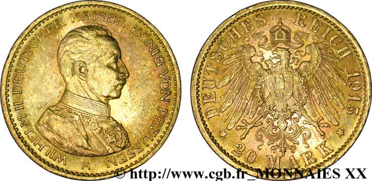 ALEMANIA - REINO DE PRUSIA - GUILLERMO II 20 marks or, 3e type 1915 Berlin EBC 