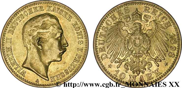 GERMANY - KINGDOM OF PRUSSIA - WILLIAM II 10 marks or, 2e type 1898 Berlin XF 