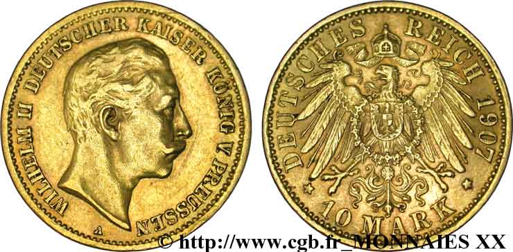 GERMANIA - REGNO DI PRUSSIA - GUGLIELMO II 10 marks or, 2e type 1907 Berlin XF 