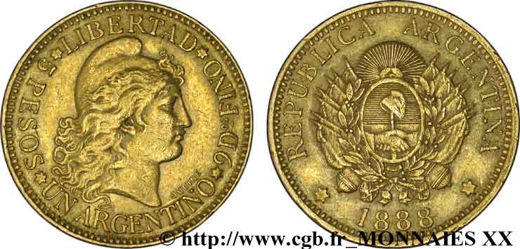 ARGENTINA - ARGENTINE REPUBLIC Un argentino (5 pesos or) 1888  XF 