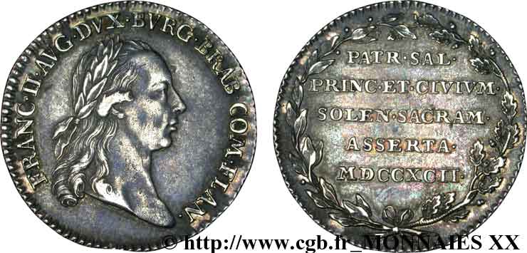 PAYS-BAS AUTRICHIENS - FRANÇOIS II D AUTRICHE Jeton du couronnement Ar 22 1792  VZ 