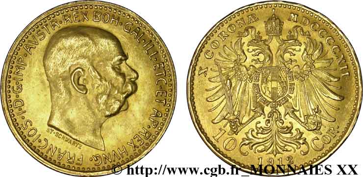 AUSTRIA - FRANZ-JOSEPH I 10 corona en or, 4e type 1912 Vienne MS 