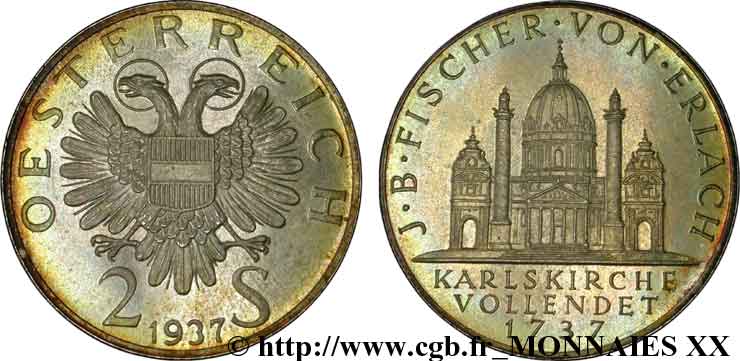 AUSTRIA - REPUBLIC 2 schillings, bicentenaire de l’église Saint Charles 1937 Vienne MS 