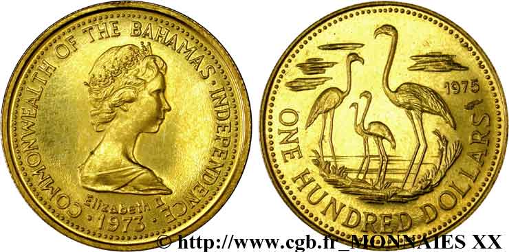 BAHAMAS - ÉLISABETH II 100 dollars or 1973-1975 Monnaie de Paris fST 