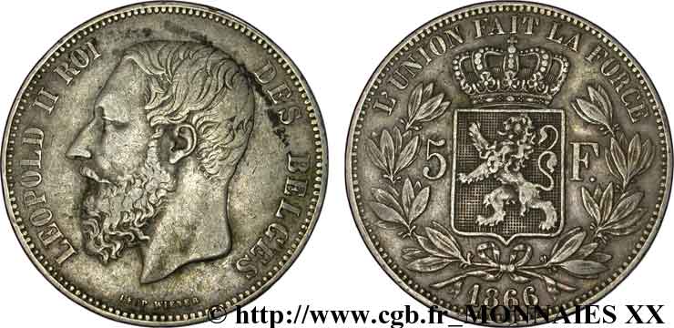 BELGIUM - KINGDOM OF BELGIUM - LEOPOLD II 5 francs, type normal 1866 Bruxelles VF 