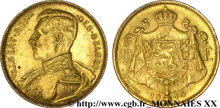 BELGIQUE - ROYAUME DE BELGIQUE - ALBERT Ier 20 francs or, légende française 1914 Bruxelles AU 