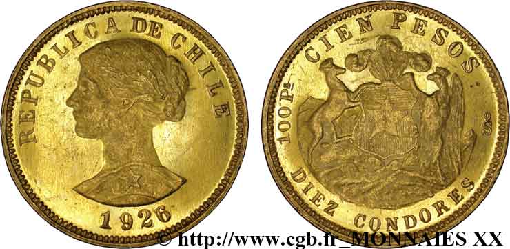 CHILI - RÉPUBLIQUE 100 pesos or ou 10 condores en or, 1er type 1926 S°, Santiago du Chili EBC 