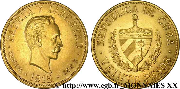 CUBA - RÉPUBLIQUE 20 pesos 1915 Philadelphie TTB 