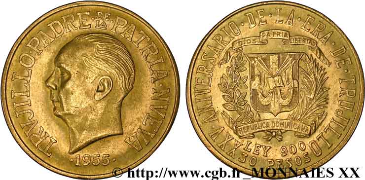 DOMINICAN REPUBLIC 30 pesos or, 25e anniversaire du régime 1955  AU 