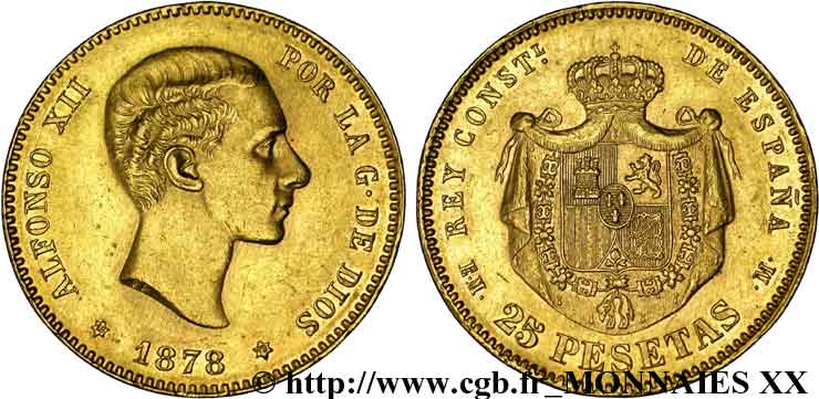 ESPAGNE - ROYAUME D ESPAGNE - ALPHONSE XII 25 pesetas 1878 Madrid SUP 