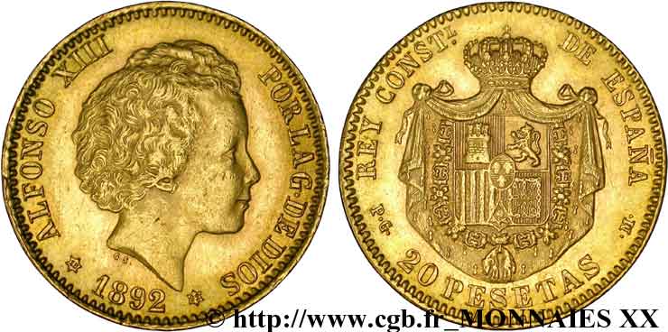 SPAIN - KINGDOM OF SPAIN - ALFONSO XIII 20 pesetas 1892 Madrid AU 