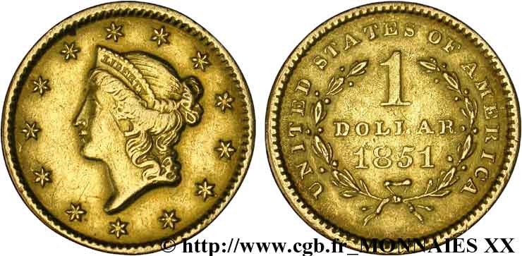 UNITED STATES OF AMERICA 1 dollar Or  Liberty head  1er type 1849-1854 1851 Philadelphie BB 