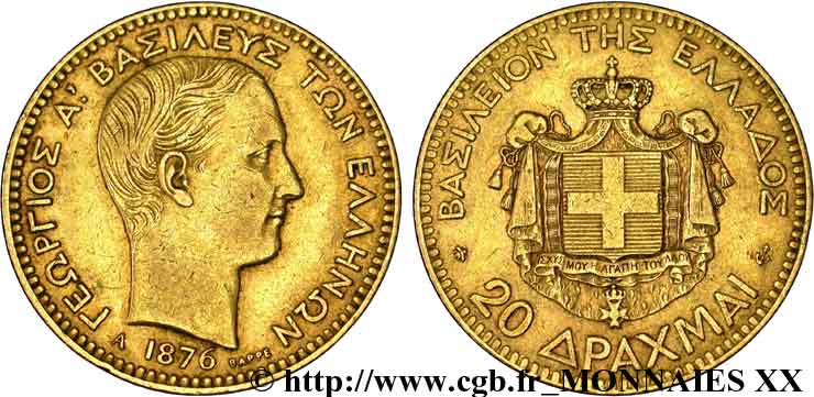 GREECE - KINGDOM OF GREECE - GEORGE I 20 drachmes or 1876 Paris XF 