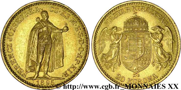 UNGHARIA - REGNO DE UNGHARIA - FRANCESCO GIUSEPPE I 20 korona en or 1895 Kremnitz AU 