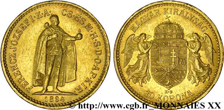 HUNGRÍA - REINO DE HUNGRÍA - FRANCISCO JOSÉ I 10 korona en or 1894 Kremnitz EBC 
