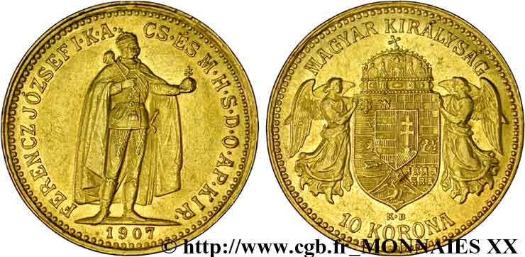 HUNGRÍA - REINO DE HUNGRÍA - FRANCISCO JOSÉ I 10 korona en or 1907 Kremnitz EBC 