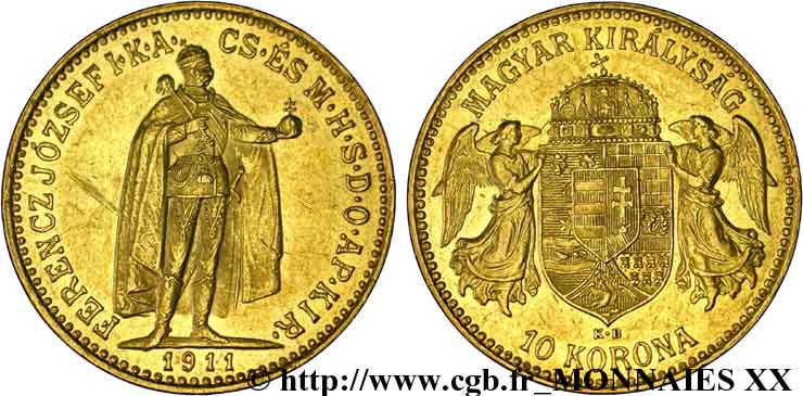 UNGHARIA - REGNO DE UNGHARIA - FRANCESCO GIUSEPPE I 10 korona en or 1911 Kremnitz AU 