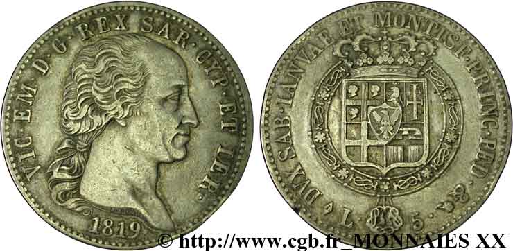 ITALY - KINGDOM OF SARDINIA - VICTOR-EMMANUEL I 5 Lires, 1er type 1819 Turin XF 