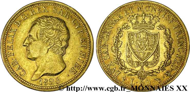 ITALIA - REGNO DE SARDINIA - CARLO FELICE 80 lires or 1825 Turin XF 