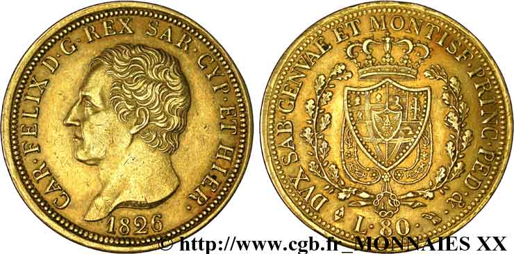 ITALIA - REINO DE CERDEÑA  - CARLO FÉLIX 80 lires or 1826 Turin MBC 