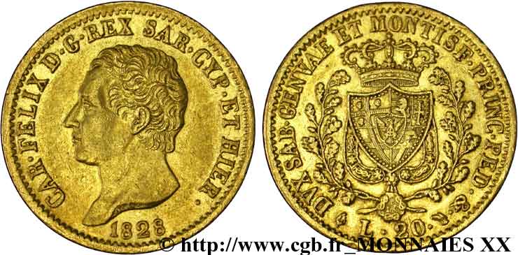 ITALIA - REINO DE CERDEÑA  - CARLO FÉLIX 20 lires or 1828 Turin EBC 