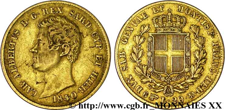 ITALIA - REGNO DE SARDINIA - CARLO ALBERTO 20 lires or 1840 Turin VF 