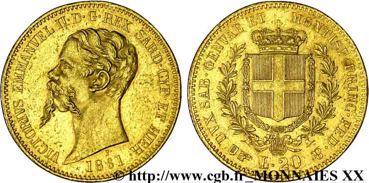 ITALIEN - SARDINIEN KÖNIGREICH - VIKTOR EMMANUEL II. 20 lires en or 1861 Turin SS 