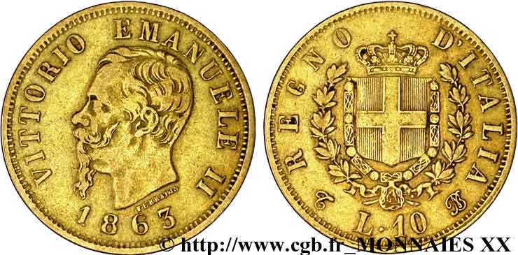 ITALIA - REINO DE ITALIA - VÍCTOR-MANUEL II 10 lires or 1863 Turin MBC 