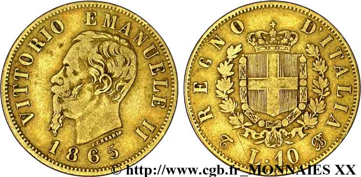 ITALY - KINGDOM OF ITALY - VICTOR-EMMANUEL II 10 lires or 1865 Turin VF 