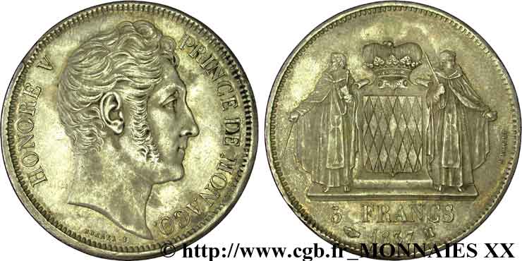MONACO - HONORÉ V 5 francs 1837 Monaco XF 