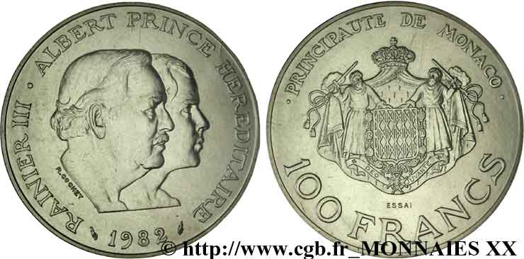 MONACO - PRINCIPALITY OF MONACO - RAINIER III Essai de 100 francs Rainier et Albert 1982 Paris MS 