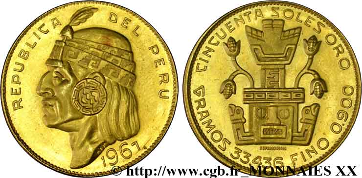 PERU - REPUBLIC 50 soles or, refrappe postérieure 1967 Lima MS 