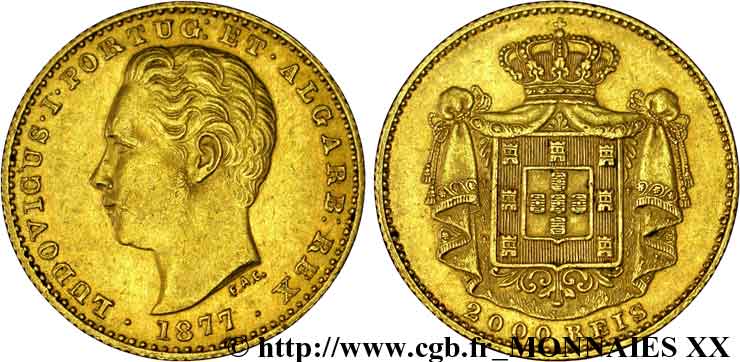 PORTUGAL - KINGDOM OF PORTUGAL - LUIS I 2000 reis (1/5 coroa) 1877 Lisbonne XF 
