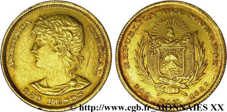 REPUBLIC OF EL SALVADOR 2 1/2 pesos or 1892 San Salvador XF 