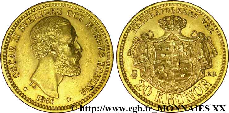 SUÈDE - ROYAUME DE SUÈDE - OSCAR II 20 kronor, 3e type 1886 Stockholm EBC 